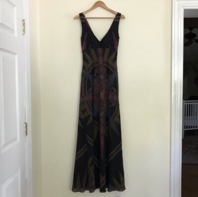 Nicole Miller beaded silk Celtic festival v-neck sleeveless maxi