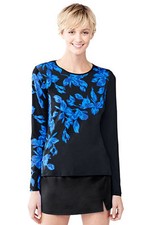 Lands End Women's Swim Tee Rash Guard Black Tossed Blossoms New