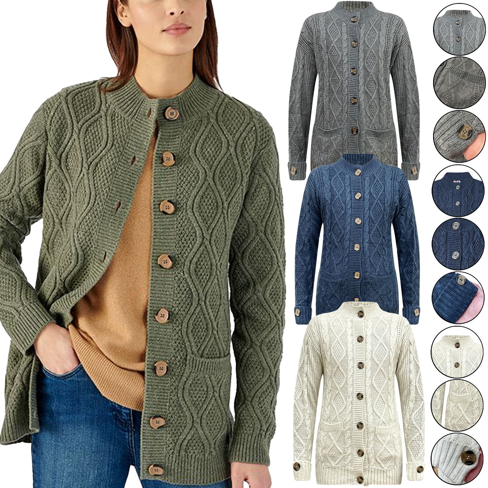 DAMART Ladies Chunky Cable Knit Button Up Cardigan Warm Grandad Jumper  Pocket | eBay
