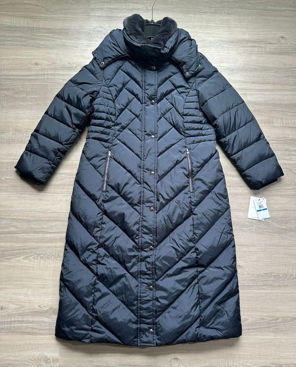 London Fog Womens Coat Navy XL Quilt Puffer Faux Fur Hood Diamond Jacket  $350