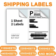 220-8800 Shipping Labels 8.5" x 5.5" Half Sheets Blank Self Adhesive 2 Per Sheet