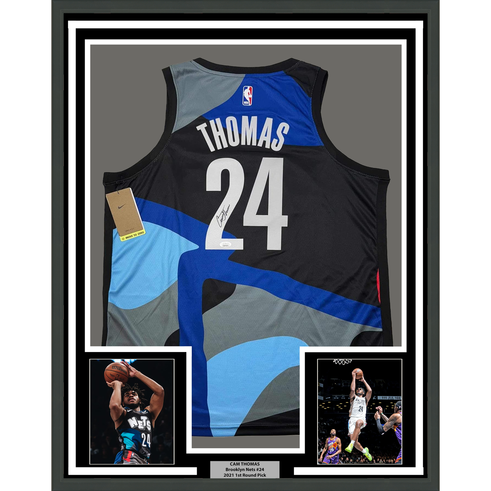 Cam Thomas Autographed Signed Brooklyn Nets Framed / 33x42 Brooklyn City Black Jersey BAS COA 