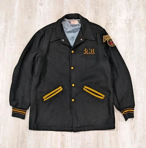 Vintage 50s Mens 42 Chain Stitch Petersburg MI Firefighters Wool Varsity Jacket  - product listing photo