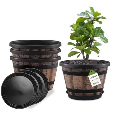Quarut Plant Pots Set of 4 Pack 12 inch,Large Whiskey Barrel Planters with Drain