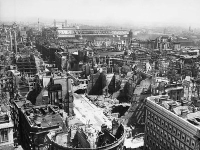 View of London with its buildings destroyed after a German bombing- Old Photo