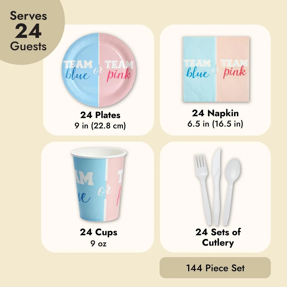 144 Piece Gender Reveal Plates, Napkins, Cups, Cutlery, Team Boy and Team Girl P - Image 4 of 4