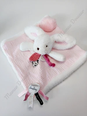 Doudou Et Compagnie Carré Lange Lapin Rose Clair/Pâle Blanc Fourrure Happy Blush - Photo 1/4