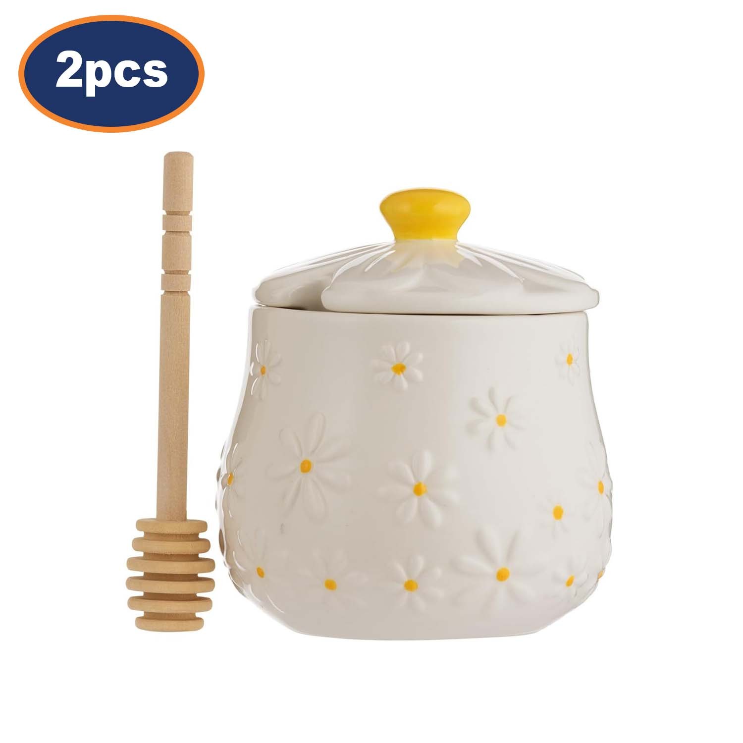 Ceramic Honey Pot & Wooden Drizzler Set Hand Painted Daisy Jar Storage Pot 3pcs