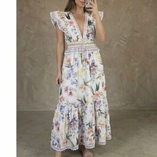 Camila Coelho Floral Maxi Dress Size M Flutter Sleeve Smocked Waist