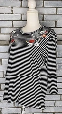 Rebecca Malone Women's Black/White Striped Floral 3/4 Sleeve Top Size Large 