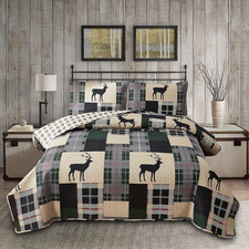 King Size Moose Deer Quilt Set Rustic Cabin Bedding Reversible Plaid Bedspread