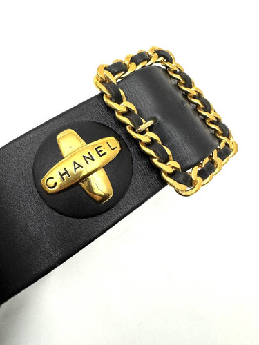 CHANEL Waist Belt Black Leather Gold Plated CC Logo Icons Chain Buckle 93A 60/24
