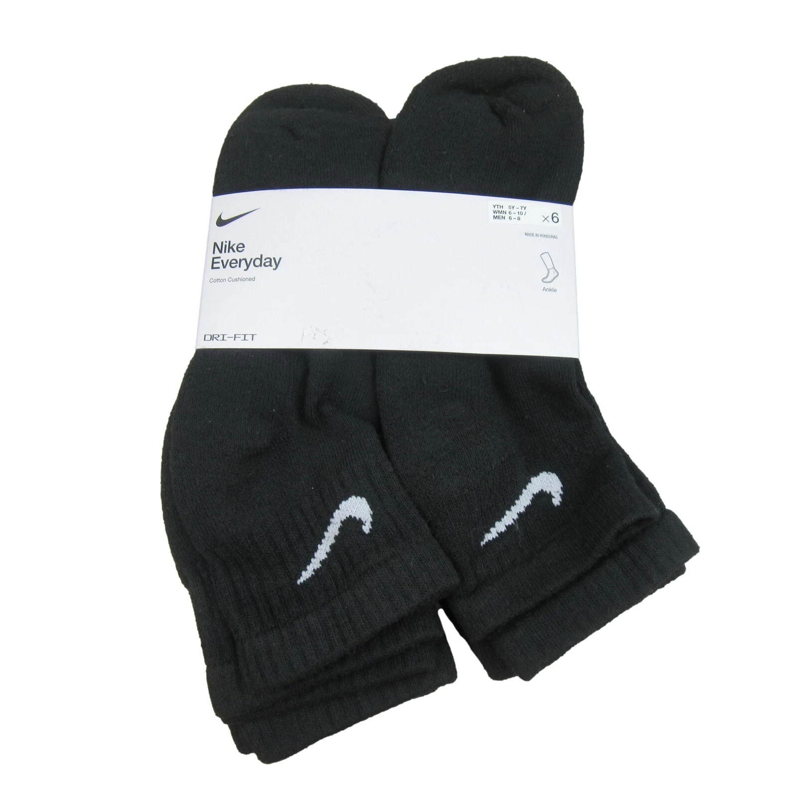 Nike Everyday Cushioned Ankle Socks Black 6 Pack Women's 6-10 / Youth 5Y-7Y NEW