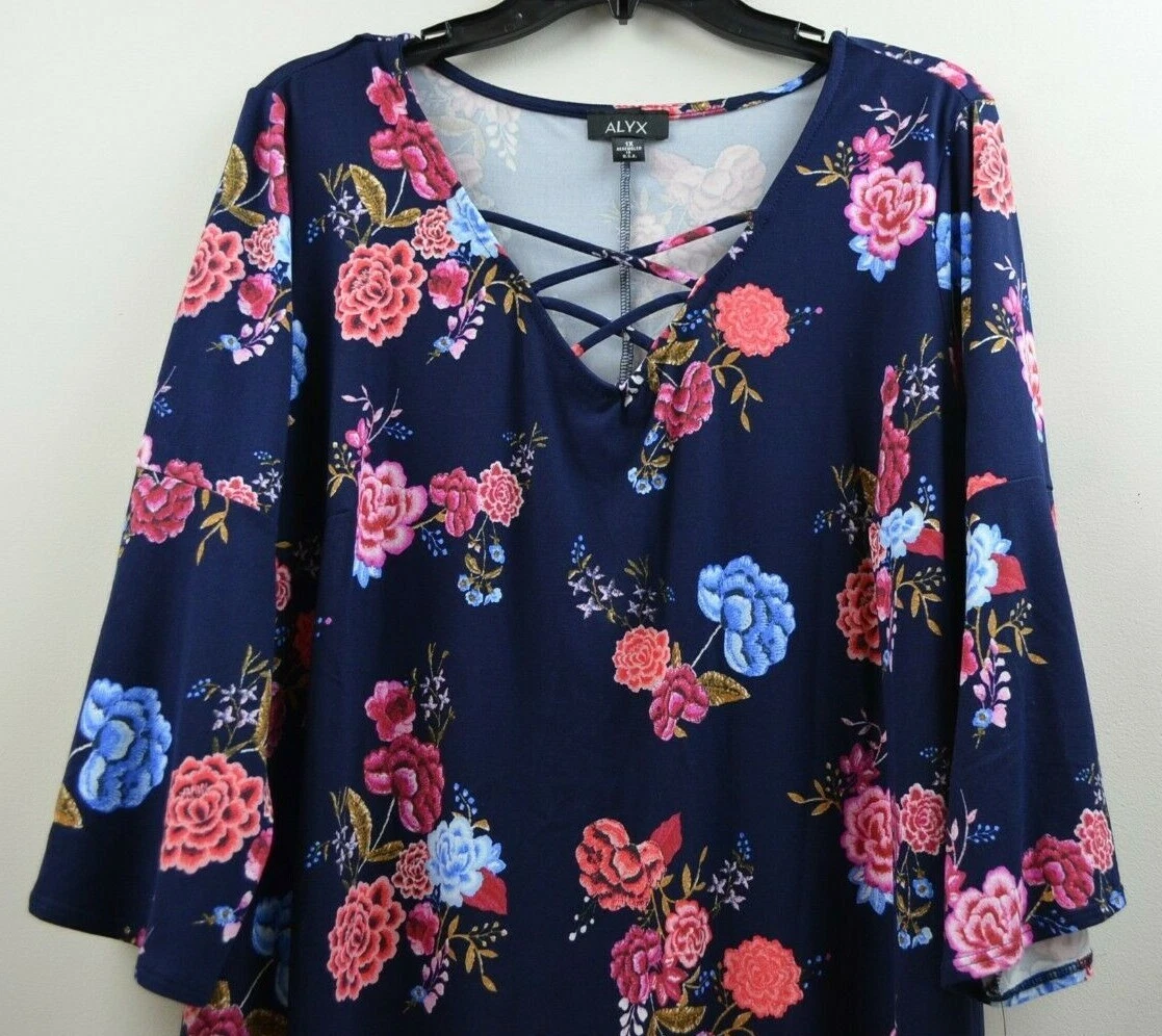 Top blusa donna ALYX blu navy morso di squalo floreale manica 3 4 taglie forti 1X