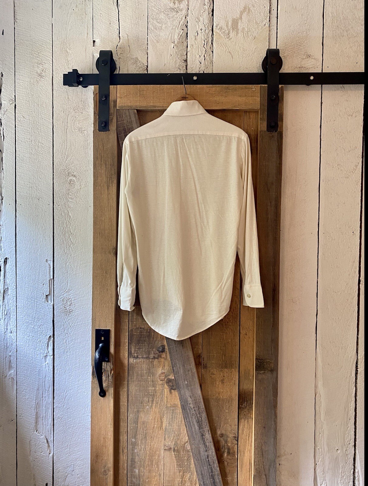 Vintage 70s Ivory Solid Minimalist Cotton Jersey Button Down Shirt