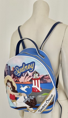 Braccialini Sydney City Cartoline Backpack Blue Travel Bag Applique Faux Leather