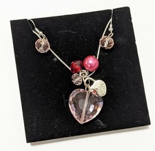 Heart Necklace Earring Set Handmade Beaded Love Charm Chain Necklace 18" PINK