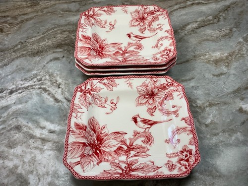 Square Salad Plates CHRISTMAS LANE Red 222 Fifth Set Of 4 Porcelain 8.5 Inch New - Picture 13 of 22