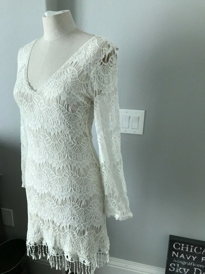 Cut Out VNeck Women Ivory Lined Lace Dress Criss Cross Back Long Bell Sleeve - Image 3 of 4