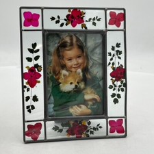 Pressed Flower Metal Leaded Glass Picture Frame Vintage 4.5x4 Portrait Farmhouse