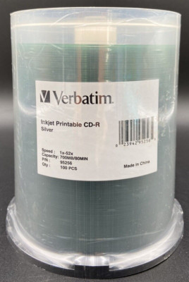 NEW Sealed VERBATIM CD-R CDR 52X Silver Inkjet Printable 100pk Spindle 95256