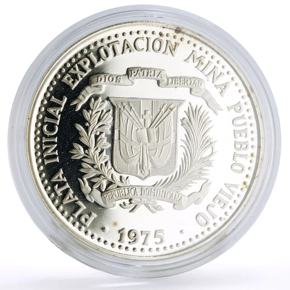 Dominican Rep. 10 pesos Pueblo Viejo Mine Arte Taino Art proof silver coin 1975 - Image 4 of 4