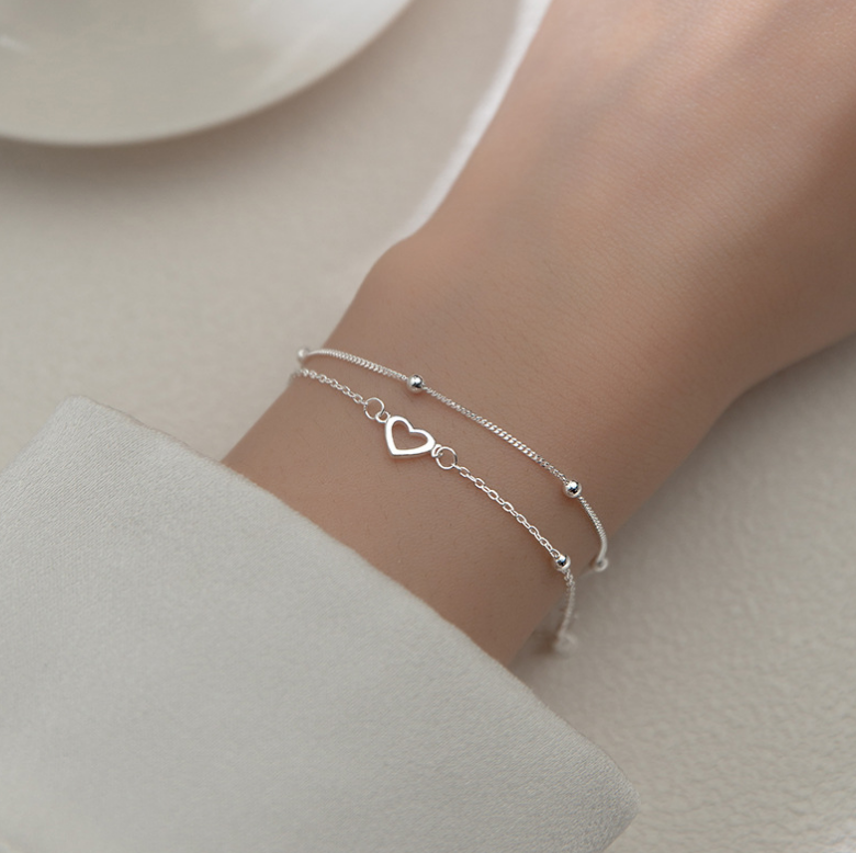 925 Silver Layers Heart Ball Beads Link Chain with Lobster