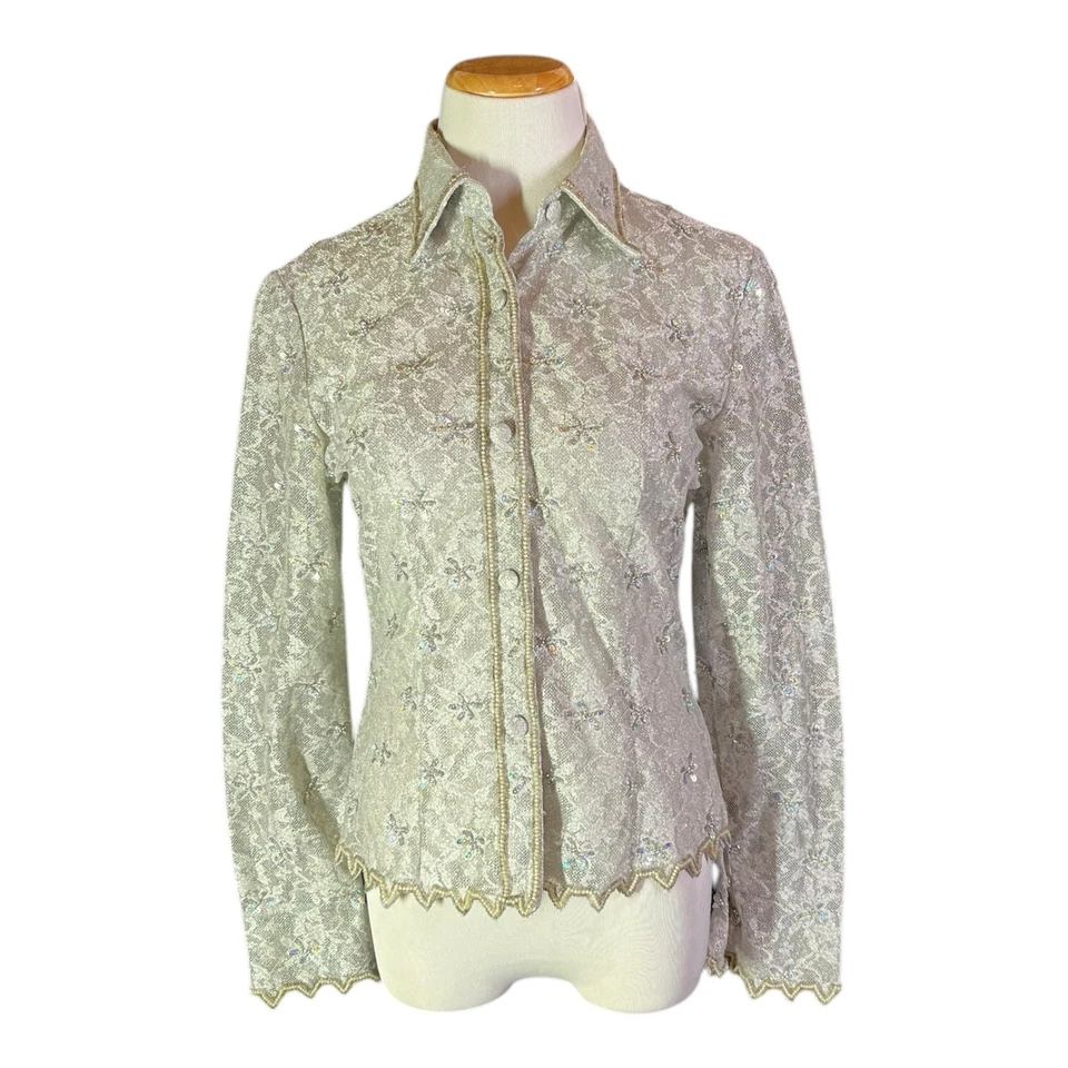 Vintage Precious Formals Size S Sheer Silver Lace Shirt Beaded Sequins - Image 3 of 4