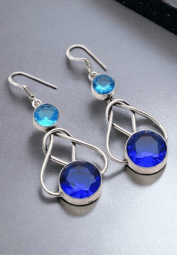 NWOT Handmade Silver Clear Tanzanite Blue Topaz Drop Dangle Earrings Women 2.24" - Picture 7 of 14