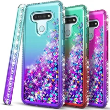 For LG K51 Phone Case Cover Shockproof Liquid Glitter + Glass Screen Protector