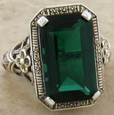 CLASSIC ART NOUVEAU STYLE 925 STERLING SILVER 6 Ct SIMULATED EMERALD RING   533X