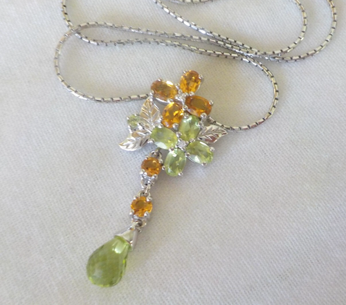 14K White Gold Briolette Drop Citrine Peridot Diamond Necklace - 6.0 gms, 16 in - Picture 8 of 9