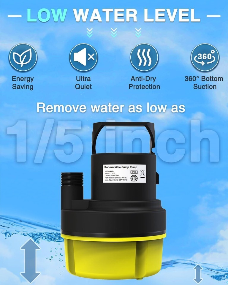 1HP Sump Pump Submersible, 3200GPH Sump Pump Utility Water Pump