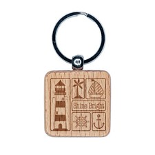 Shine Bright Lighthouse and Nautical Elements Engraved Wood Square Keychain