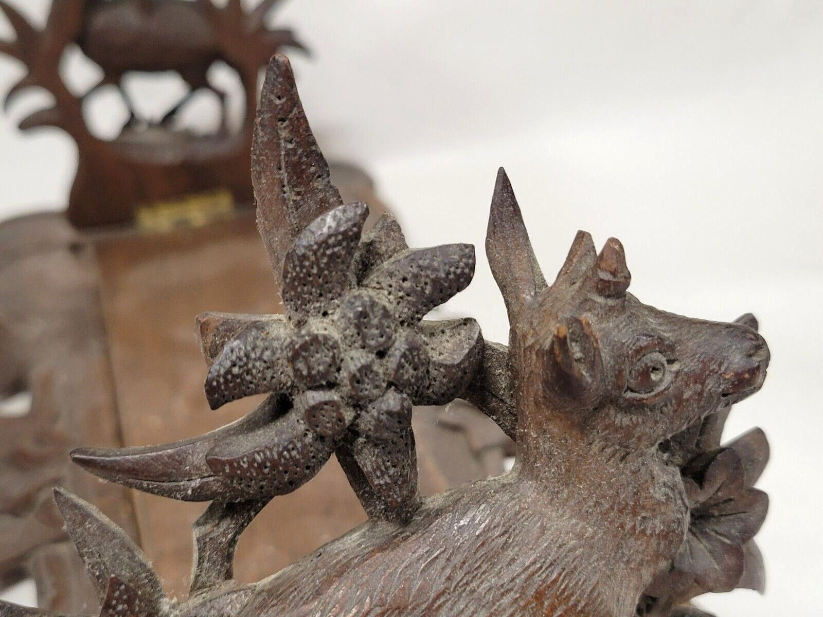 Antique Black Forest Carved Deer Sliding Book Rack Wood Bookend Holder 19th Cen