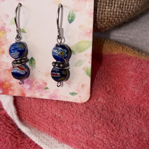 Sterling Silver And Murano Glass Beads Earrings Measuring 1 1/4 Inches  - Picture 6 of 6