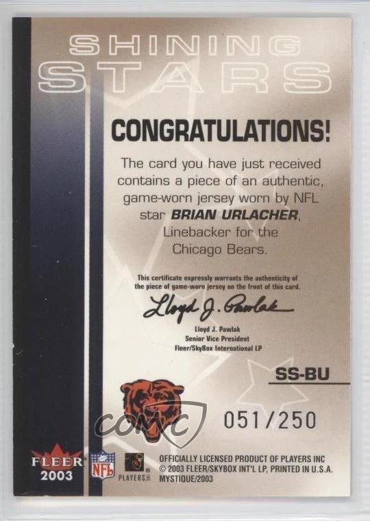 2003 Fleer Mystique Shining Stars Jerseys /250 Brian Urlacher #SS-BU HOF - Image 2 of 2