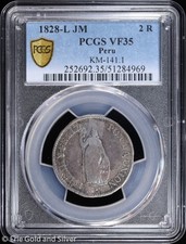 1828-L JM Peru Silver 2 Reales Coin PCGS VF 35 | KM-141.1