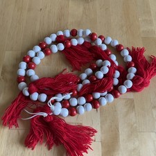 Red And White Wood Bead Garland Red Tassels Farmhouse Style