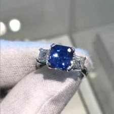 2Ct Cushion LabCreated Blue Sapphire Women's Wedding Ring 14K White Gold Plated