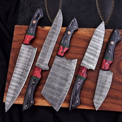 5 PCS CUSTOM HANDMADE DAMASCUS STEEL CHEF KNIVES SET PAKKA WOOD HANDLE W/SHEATH