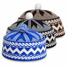 Kufi Hat Set of 3 Knitted Muslim Skull Cap Taqiyah Prayer Hats Blue/Black/Brown
