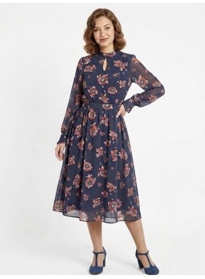 ModCloth Floral Chiffon Long Sleeve Keyhole Navy Blue Midi Dress - Large