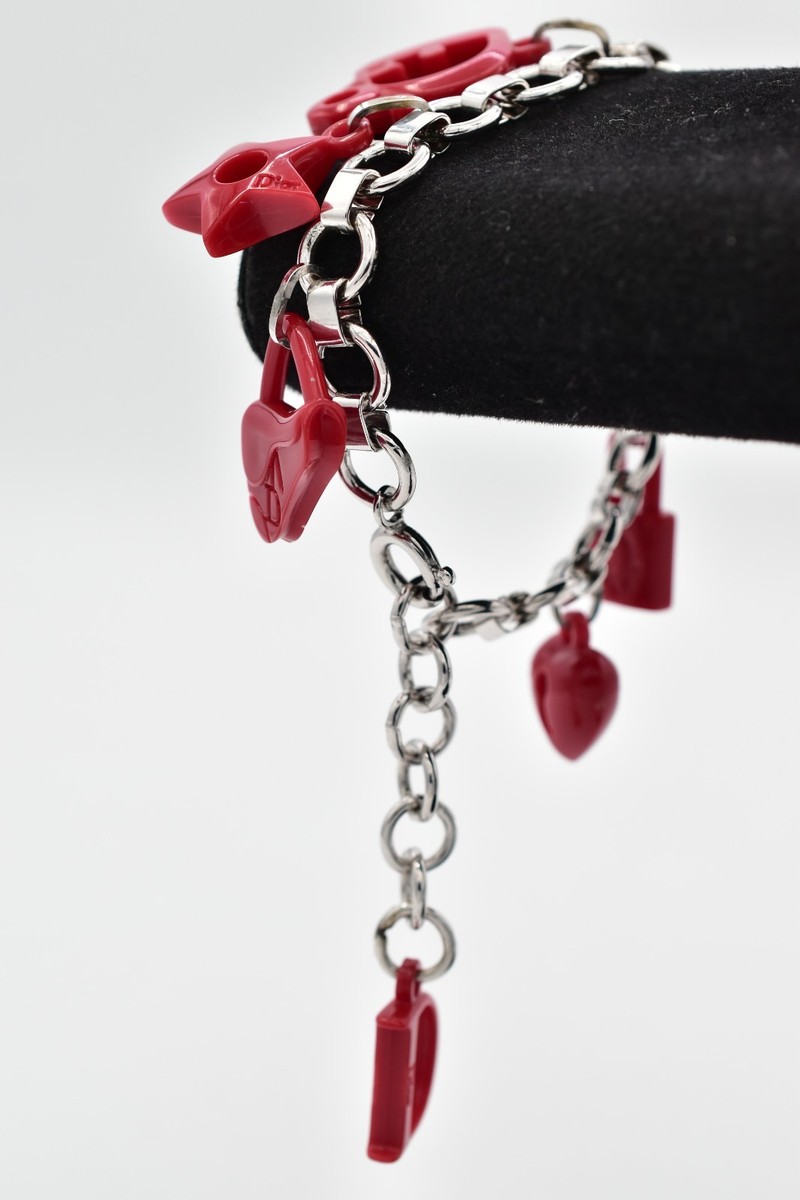 Christian Dior Vintage Charm Bracelet Red Resin Logo Silver Y2K