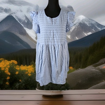 FLOERNS SZ M Women's BLUE & WHITE STRIPED Textured Swiss Dot Babydoll Blouse NEW