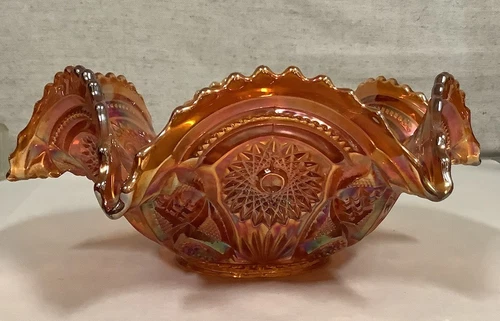 Vintage Carnival Glass Marigold Scalloped Footed Bowl 12” Wide Iridescent