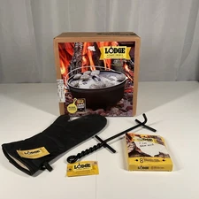 Lodge Cast Iron Camp Dutch Oven 12" & Mitt, Lid Lifter, Liners - Set NEW IN BOX
