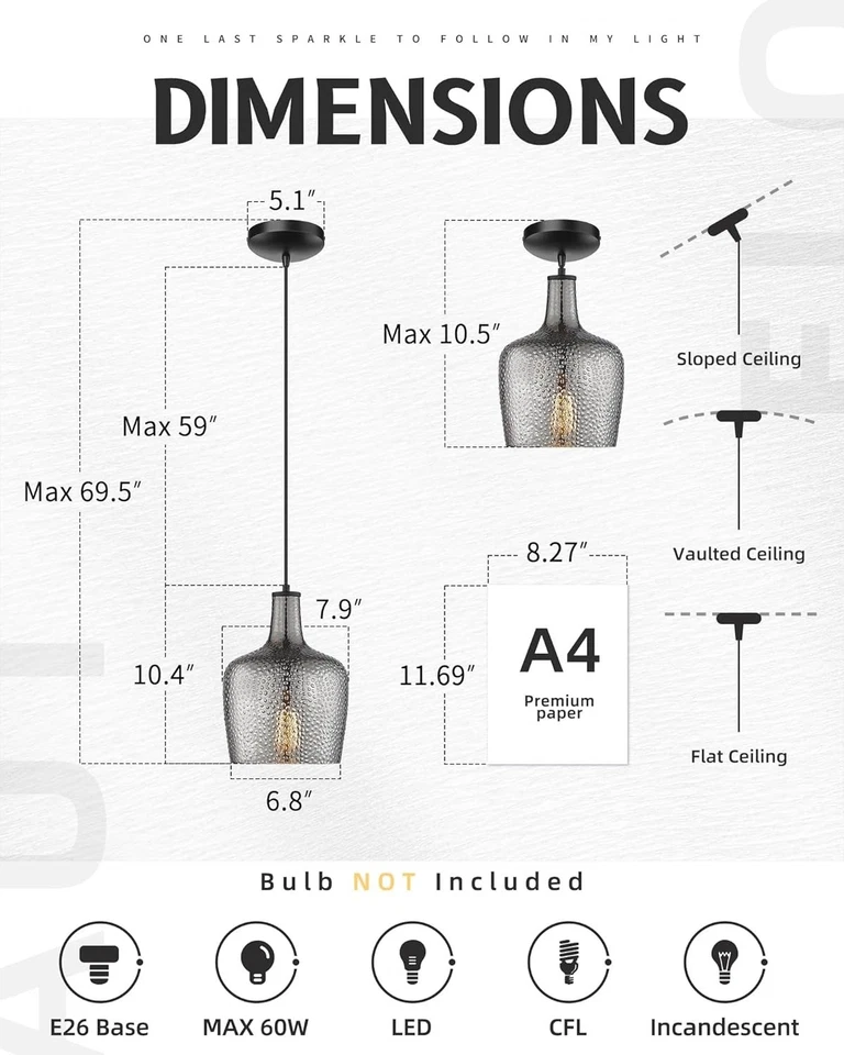 Smoky Gray Hammered Glass Bell Pendant Light | Modern Ceiling Fixture  - Image 4 of 4