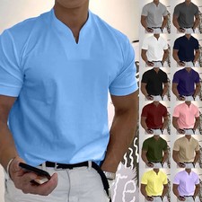 Mens Grandad Shirts Henley Tops Slim Summer Short Sleeve T-Shirt Casual Blouse