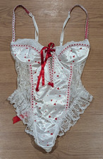 Vintage 80s Fredericks Of Hollywood Satin Hearts Hi-Cut Thong Teddy Lingerie - S